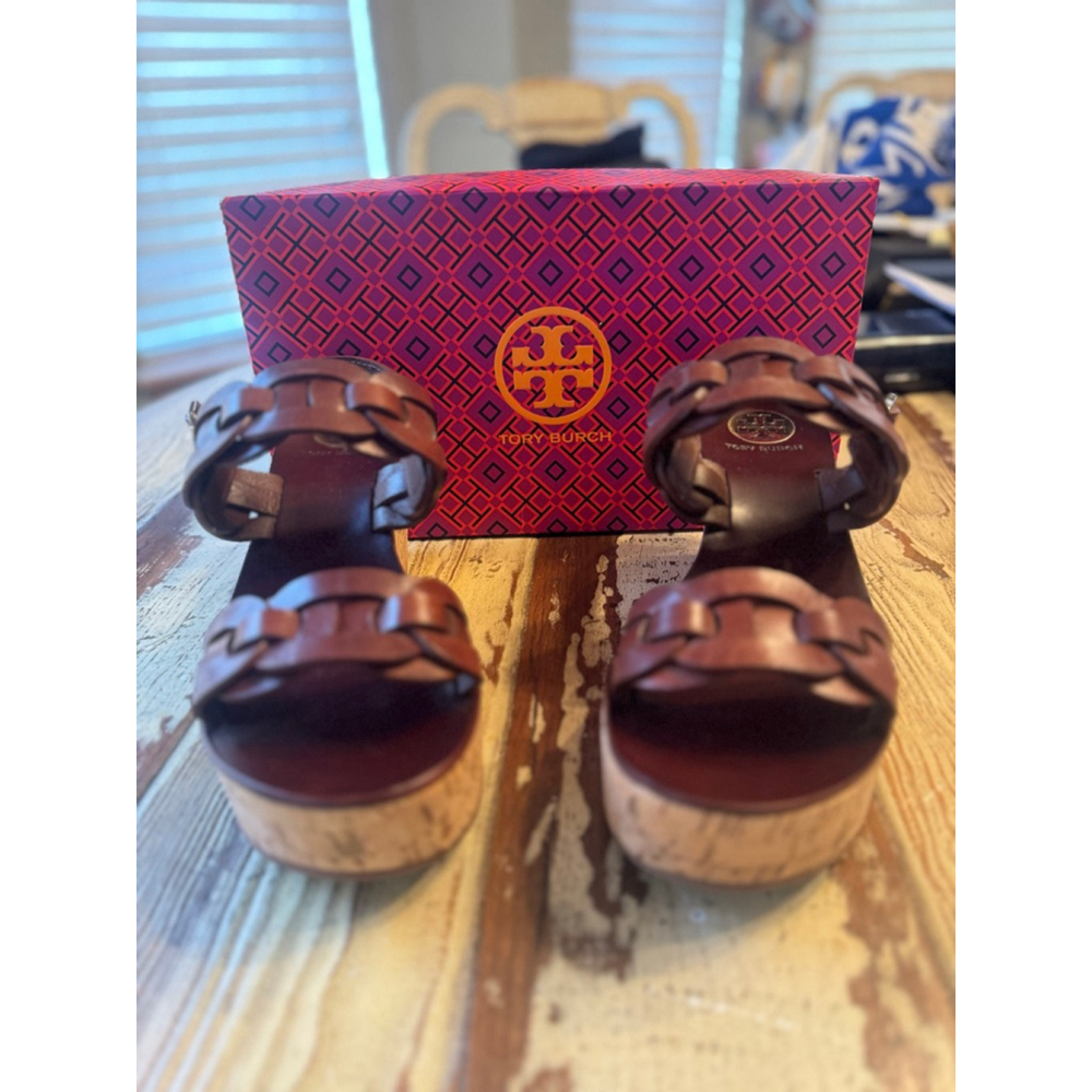 Tory Burch Brown Leather Wedge Sandals with Cork Platform